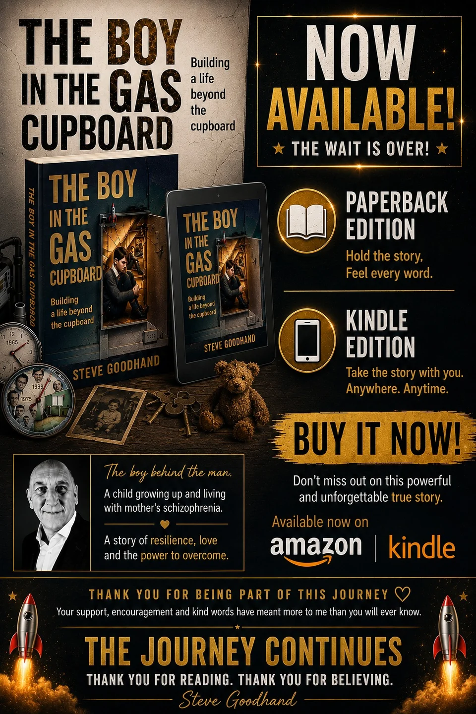 The Boy in the Gas Cupboard launch poster, now available in paperback and Kindle
